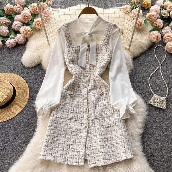 Vestidos casuales Trajes de otoño para mujer Top de manga larga con cordones Camisa blanca Retro Plaid Tirante de un solo pecho Conjunto de vestido de dos piezas