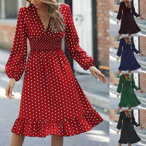 Vestidos casuales Otoño de las mujeres Color sólido Cintura Wrap Show Thin Dot Print Vestido de manga larga Sin mangas Atlético Mujer