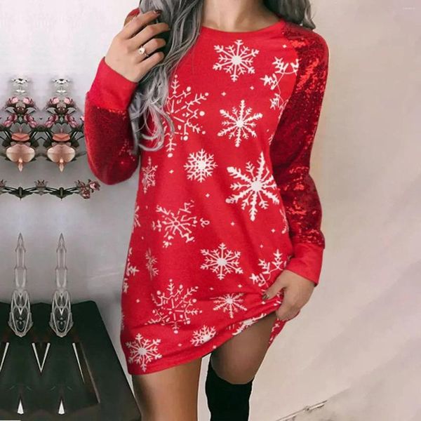 Vestidos informales Otoño/Invierno para mujer Cuello redondo Navidad Copo de nieve Estampado Manga larga Bloque de color Vestido ajustado Verano de mujer