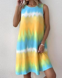 Casual jurken Dames Strandjurk Tie Dye Opdruk Mouwloos A-lijn Mini 2024 Lente/zomer Nieuwste Ronde hals Vakantie Korte rok