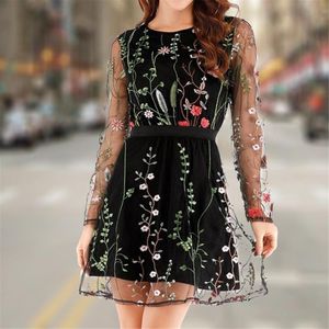 Vestidos casuales Hermoso vestido floral bordado de manga larga Lady Mesh Design Sweet Style High Cintura A-Line Mini # T2G