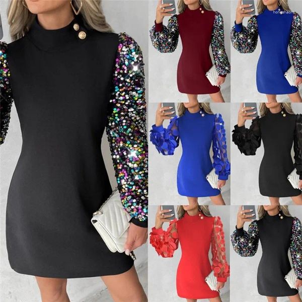 Vestidos informales Vestido de encaje negro para mujer Primavera Otoño Moda Elegante Linterna Manga O-cuello Fiesta Mini