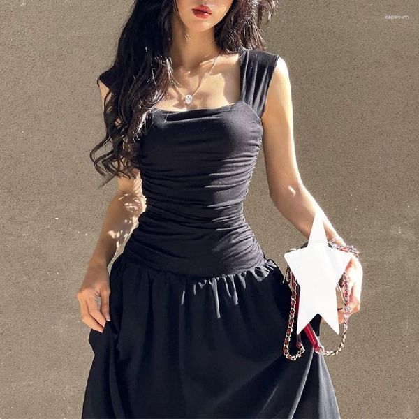 Robes décontractées Robe longue noire pour femmes Mode plissée Big Swing Taille haute Y2K Streetwear Club Vêtements Élégant Slim French Slip