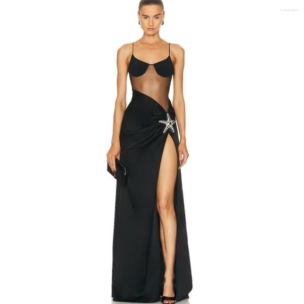 Vestidos casuales de mujer negro Sexy sin espalda vestido largo 2023 elegante pliegue de seda Slender Hip Slit fiesta de celebridades