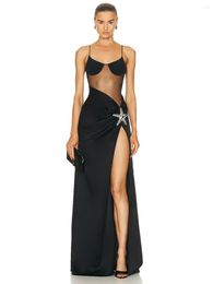 Robes décontractées Femmes Noir Spaghetti Strap Mesh Patchwork Perspective Haute Split Star 2023 Bandage Long Maxi Moulante Sexy Cocktai Dress
