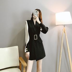 Robes décontractées femmes Blazer 2023 mode coréenne Chic Patchwork manches avec ceinture revers longues vestes manteaux 5376