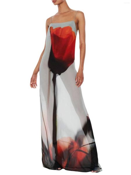 Robes Décontractées Femmes Boho Floral Print Spaghetti Strap Maxi Dress Avec Sheer Backless Design Pour L'été