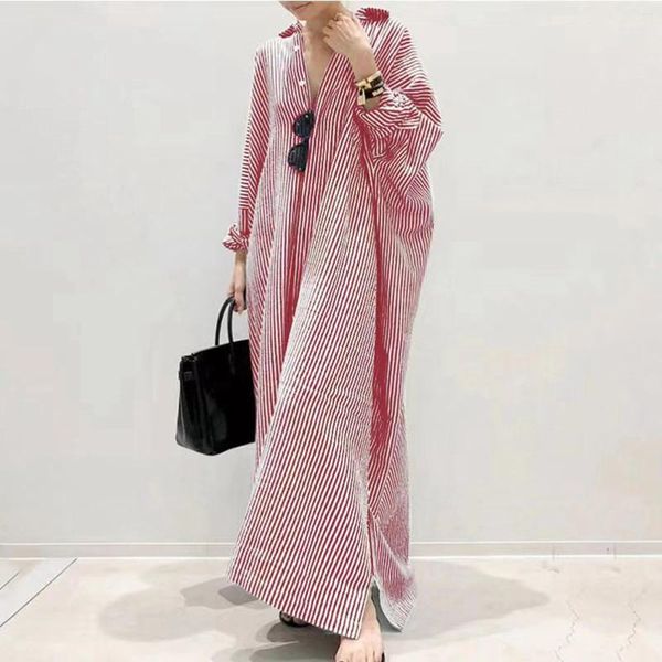 Robes décontractées pour femmes Boho Linet Coton Stripe Stripe Cardigan Shirt Robe plus taille asymétrique pour les vêtements de travail