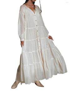 Casual jurken Women S Boho Maxi Dress Lantern Sleeve V Neck Button Front Tiered Flowy A-Line Spring Fall
