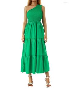 Vestidos casuales Mujeres S Boho Verano Un hombro A-Line Smocked Flowy Tiered Beach Party Maxi Swing Ruffle Dress Sundress