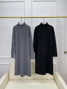 Robes décontractées Robe en tricot de cachemire pour femmes Pull demi-col haut manches longues paillettes paillettes soie droite mi-longue