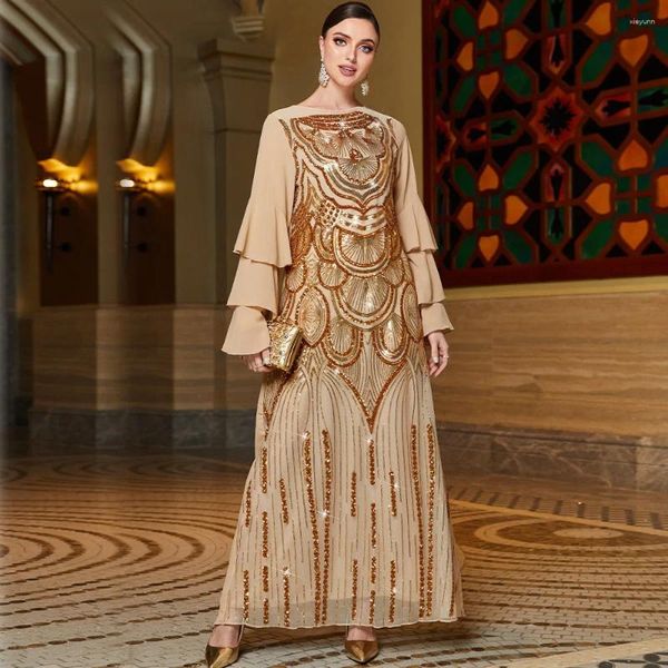 Robes décontractées Femmes Mousseline de mousseline d'or Multi-couche Frill Manches Positionnement Spangled Robe brodée Turc Abaya Fête arabe
