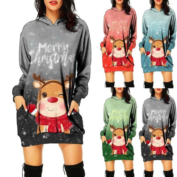 Vestidos casuales Navidad de las mujeres 3D Elk Print Versátil Ins Sudadera con capucha Santa Claus Harajuku Suelto Sexy Y2K Vestido