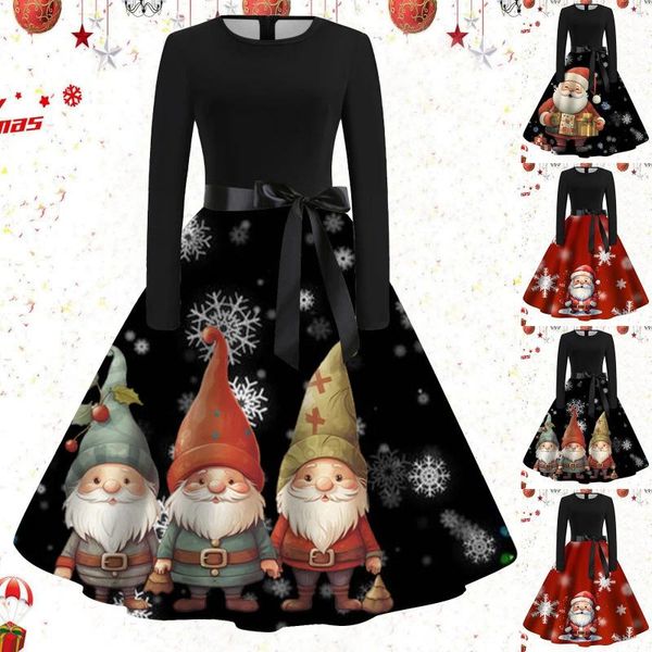 Robes décontractées Robe rétro de Noël pour femmes Célébration Vacances Col rond Vintage Santa Claus Imprimer Grande Swing Plus Taille