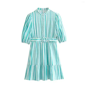 Casual jurken dames botsing kleur gestreepte jurk mode staande kraag met korte mouw riem patchwork a-line vest 2024 zomer