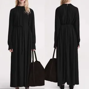 Casual jurken dames klassieke zwarte viscose maxi jurk 2024 herfst dames lange mouw slanke taille veter gewaden