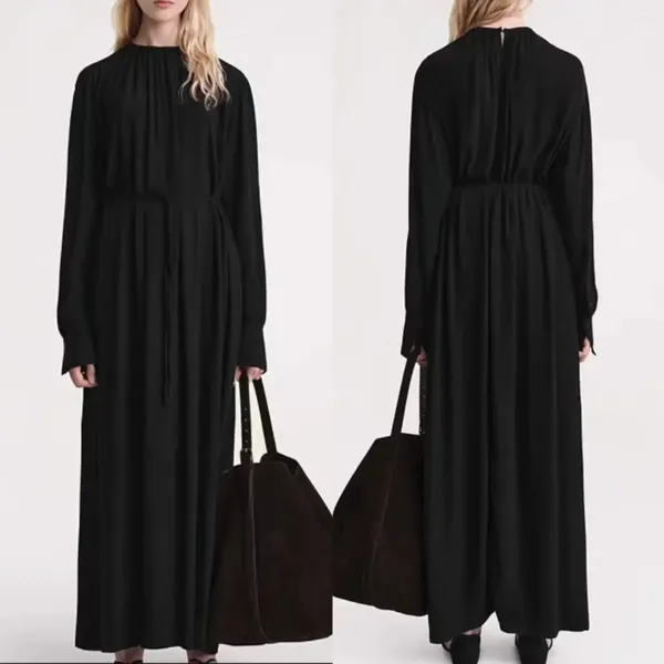 Robes décontractées Robe maxi viscose noire classique féminine 2024 Automne dames à manches longues à la taille mince à lacets