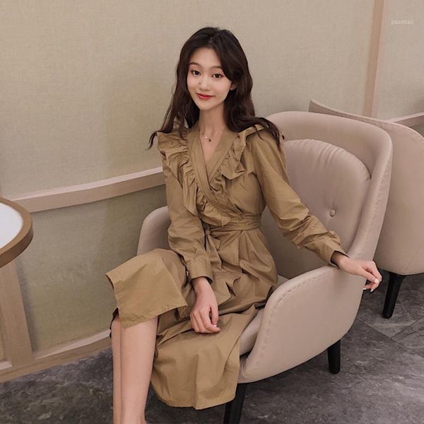 Robes décontractées Clothing Fashion Mode Sweet Korean Style Long Vestidos Spring Automne Full Full V-Neck Ruffles Tie Rope