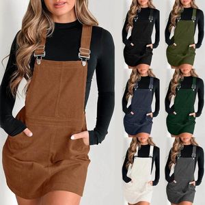 Casual Jurken Dames Corduroy A-lijn Mini-jurk Verstelbare Button Down Riem Herfst Winter Bib Korte T-shirt Voor Vrouwen