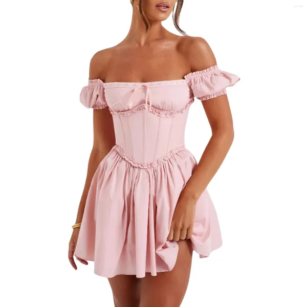 Robes décontractées de fête corset féminine mini robe y2k bodycon colore solide sans dossier A-line à manches courtes lacets