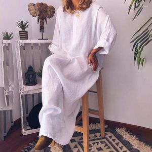 Casual Designer Jurken Luxe Dames Katoen Linnen Oversized Maxi-jurk Wit Zakken O-hals Effen Lang Lente Zomer 2023 Mode Losse kleding Dameskleding