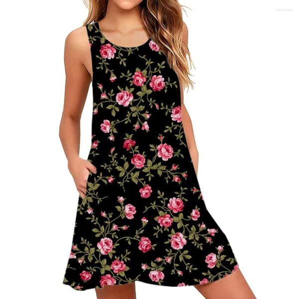 Robes décontractées d'équipage féminin couche de la plage de la plage de la robe de coche en lâche mini-rose imprimé boho vestidos sssouches swing une robe sans manches en ligne