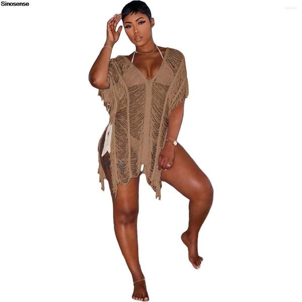 Robes décontractées femmes Crochet évider robe de couverture côtelé tricoté plage Sexy col en v à manches courtes maillots de bain été Mini