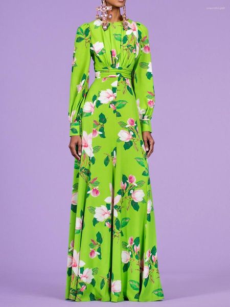 Vestidos Casuales Vestido Mujer 2023 Senior Acetato Satén Verde Floral Chica Temperamento Cintura Colección Largo