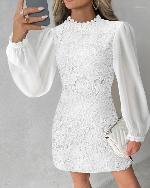 Robes décontractées Robe de femme 2024 Spring White Stand Collar Mariffon Lace Patch Long Manneve A Line Mini Elegant