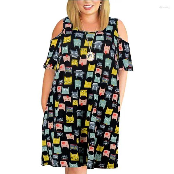 Vestidos casuales Vestido de mujer Impresión de dibujos animados fuera del hombro para las mujeres 2024 Traf Mujer Mujer Vestido de verano Ropa de talla grande