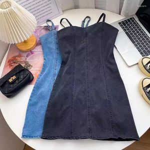 Robes décontractées Robe en denim pour femmes, épaules dénudées, sans manches, au-dessus du genou, bretelles Spaghetti, mode coréenne rétro, livraison directe