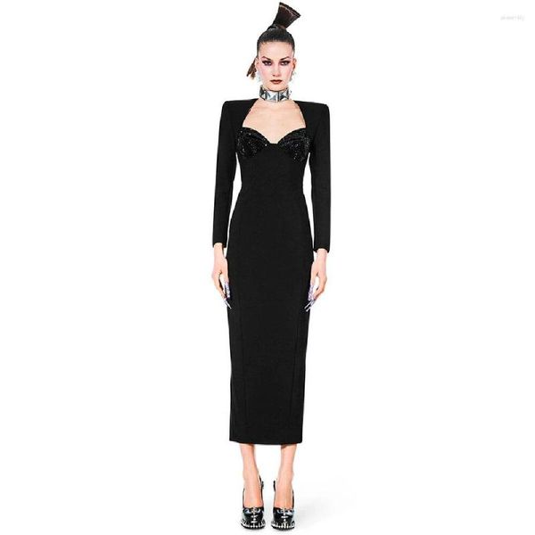 Vestidos casuales Vestido de mujer Estilo de moda Simple Negro Bodycon Vendaje Vestido Elegante Mangas completas Falda elegante para mujer Vestido de fiesta para damas