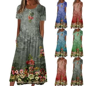 Robes décontractées Robe pour femme taille ample imprimée col rond en plein air jupe longue couture fleurs vêtements d'été pour femmes robes