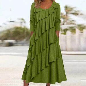 Robes décontractées Robe pour femmes Couleur unie Plis décoré Couche de gâteau Ourlet pour femmes Printemps Manches longues Mi-mollet Lâche Midi