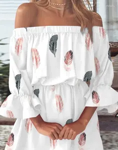 Casual jurken damesjurk zomer elegante veer afdrukken uit schouder driekwart klok mouw ruches een lijn mini