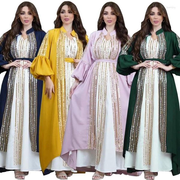 Robes décontractées Femmes Eid Abaya 2 pièces Ensemble pour femmes Lanterne Manches Ramadan Paillettes Jalabiya Robe Musulman Maxi Robe Caftan Party Robes
