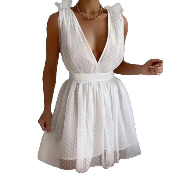 Robes décontractées Robe élégante pour femmes sans manches Sheer Mesh Overlay Party A Line Plunge Mariage Invité GG