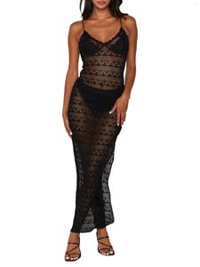 Robes Décontractées Femme Élégante Robe Maxi Patchwork En Dentelle Avec Maille Transparente Et Détails À Volants - Design Dos Nu Élégant Pour Les Vêtements De Plage Ou