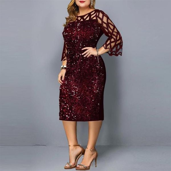 Robes décontractées Femmes élégantes paillettes maille robe femmes plus taille vin rouge mariage soirée soirée club été vestido vêtements 2263U