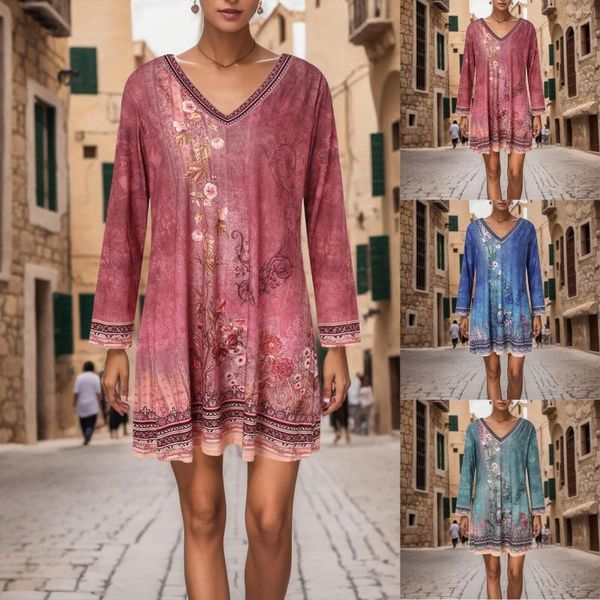 Robes décontractées Robe courte à col en V imprimée de style ethnique pour femme