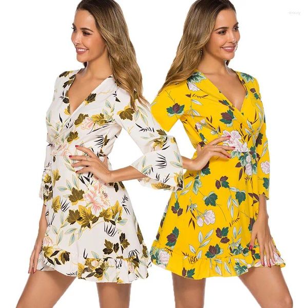 Vestidos informales Europa de las mujeres Estilo aéreo Primavera y otoño Vestido estampado para mujer Corbata envuelta Mangas acampanadas Irregular con volantes Corto Prom