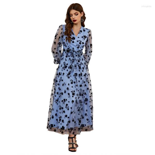 Robes décontractées Mode féminine 2023 Automne Col en V Manches longues Taille haute Imprimé floral Robe en dentelle Été Grande taille Robe d'été