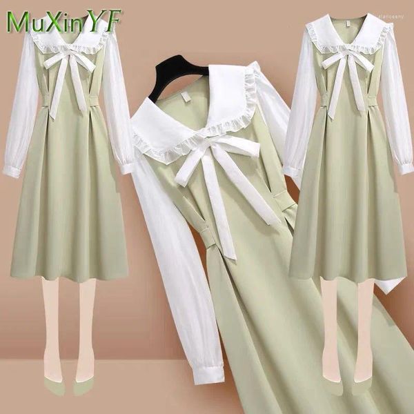 Robes décontractées Mode féminine 2024 Automne Bow Noeud Faux Deux Pièces Vert Coréen Élégant Midi Jupe Femme Vêtements