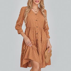 Robes décontractées Mode féminine Robe trapèze Swiss Dot Manches longues Col en V Bouton avant Taille haute Longueur au genou