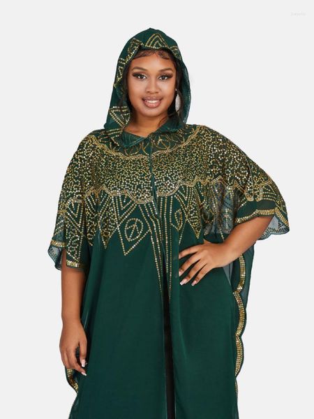 Robes décontractées mode féminine classique en mousseline de soie africaine tissu Sequin ample à capuche longue Robe Ramadan dubaï Abaya café Robe