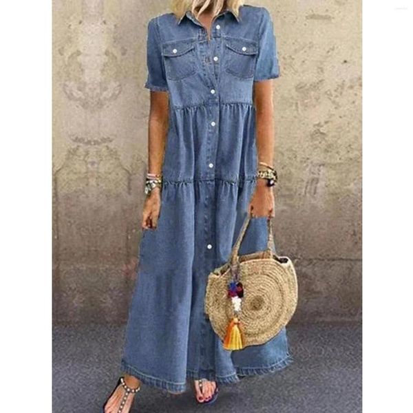 Vestidos casuales Vestido de moda para mujer Falda con múltiples bolsillos Denim Summer Multi-button V Neck Sundress