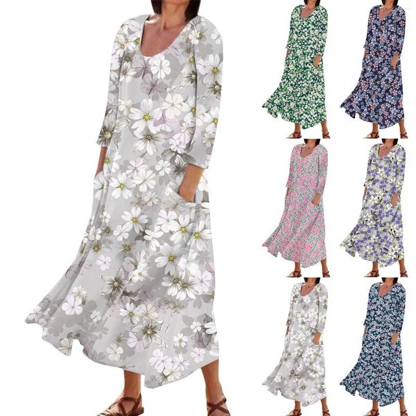 Robes décontractées robe de mode pour femmes à rayures imprimées patchwork lâches sept vestidos de poche à manches à manches à manches