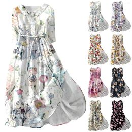 Robes décontractées Fashion Floral Floral Impeld Buttond Buttond Sept-Point Gloched Robe With Elit-Downs Elegant Vestidos Curtos