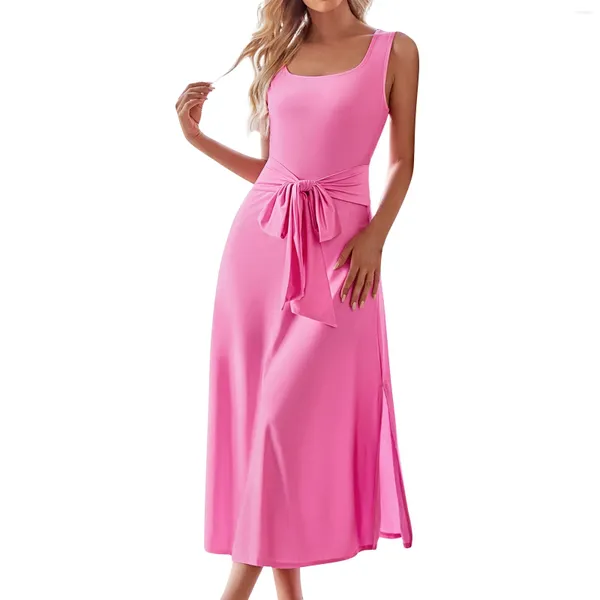 Vestidos casuales Moda para mujer Cuello cuadrado fresco Color sólido Cintura Corbata Elegante y bonita Reseñas coreanas Muchas ropa