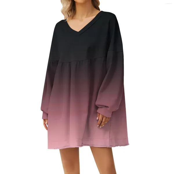 Robes décontractées Mode féminine Impression dégradée Grand sweat-shirt Col en V à manches longues Robe ample Dameskleding Grote Maten Robes Largos